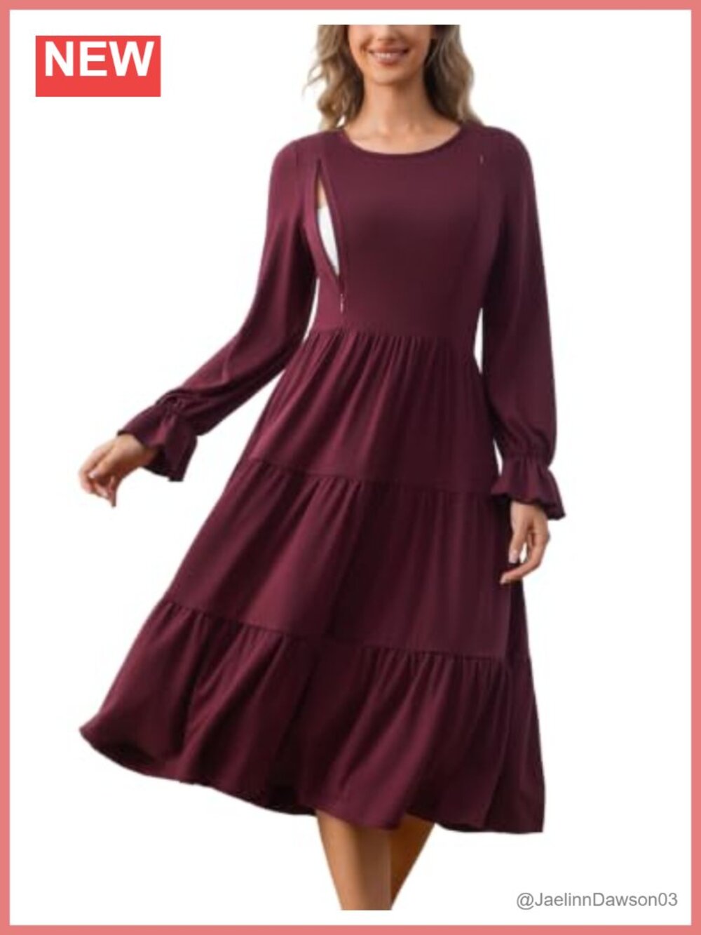 Nursing Dress Long Sleeve Maternity Breastfeeding Hidden Zipper Midi